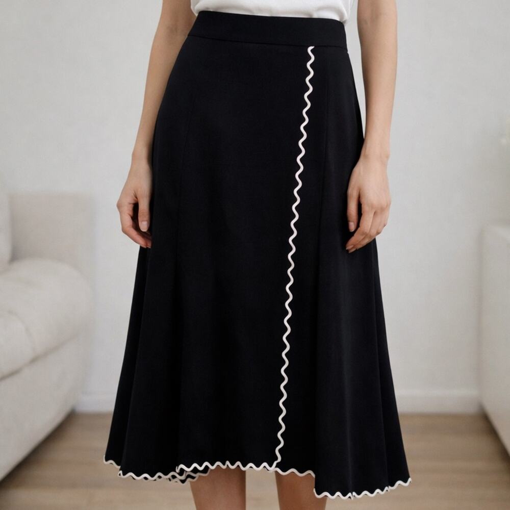 STORY A-Line Knit Wrap Midi Skirt Feminine Black White Scalloped Rickrack Hem M